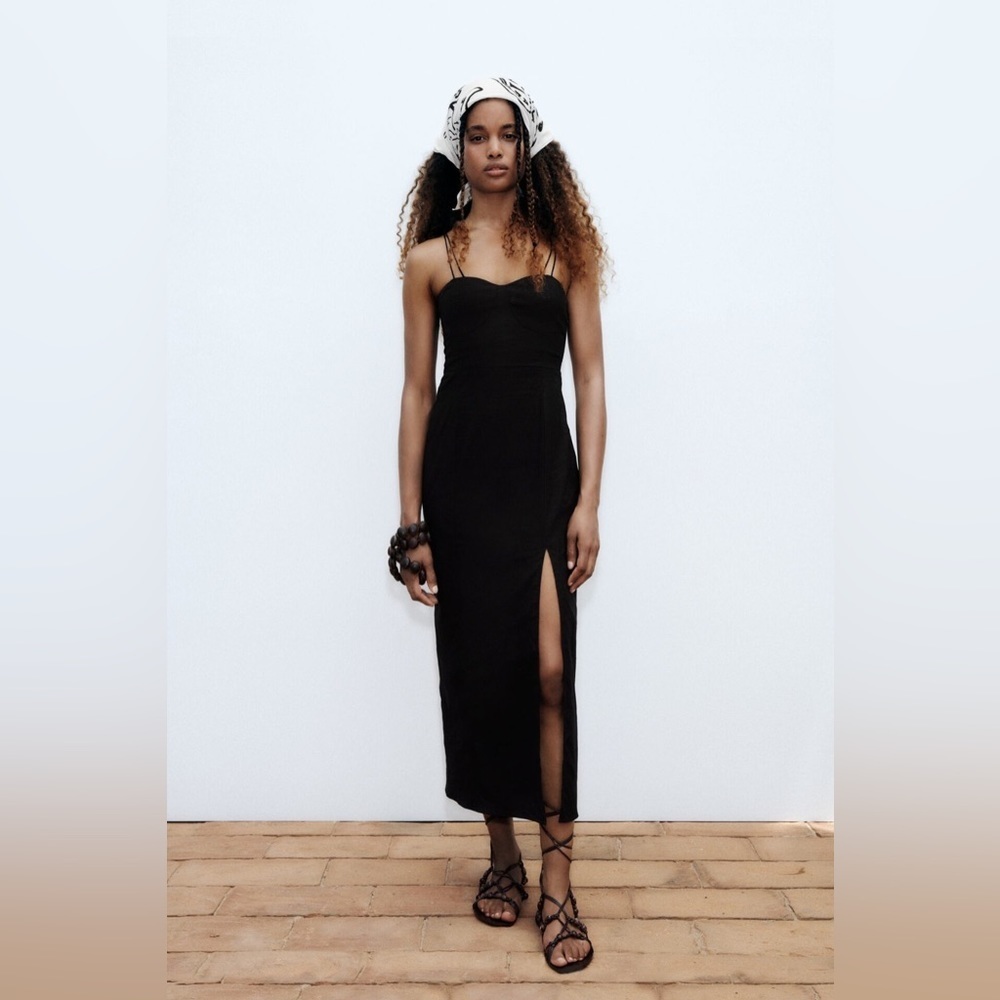 NWT Zara Woman Linen-Blend Corsetry-Inspired Midi Dress Black / Size S